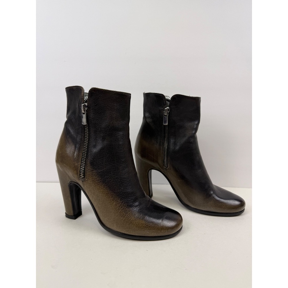 Officine Creative Ombre Leather Ankle Boots Black Brown Block Heel Italy 35